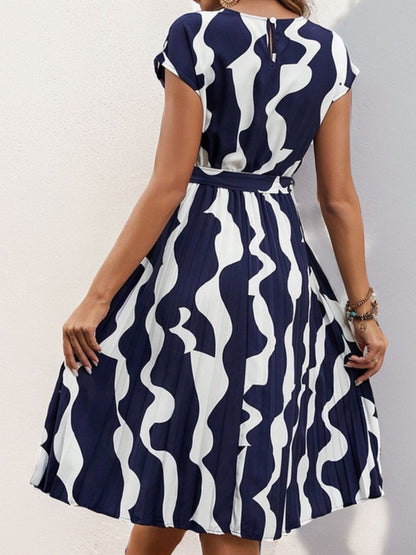 Tied Pleated Printed Cap Sleeve Dress