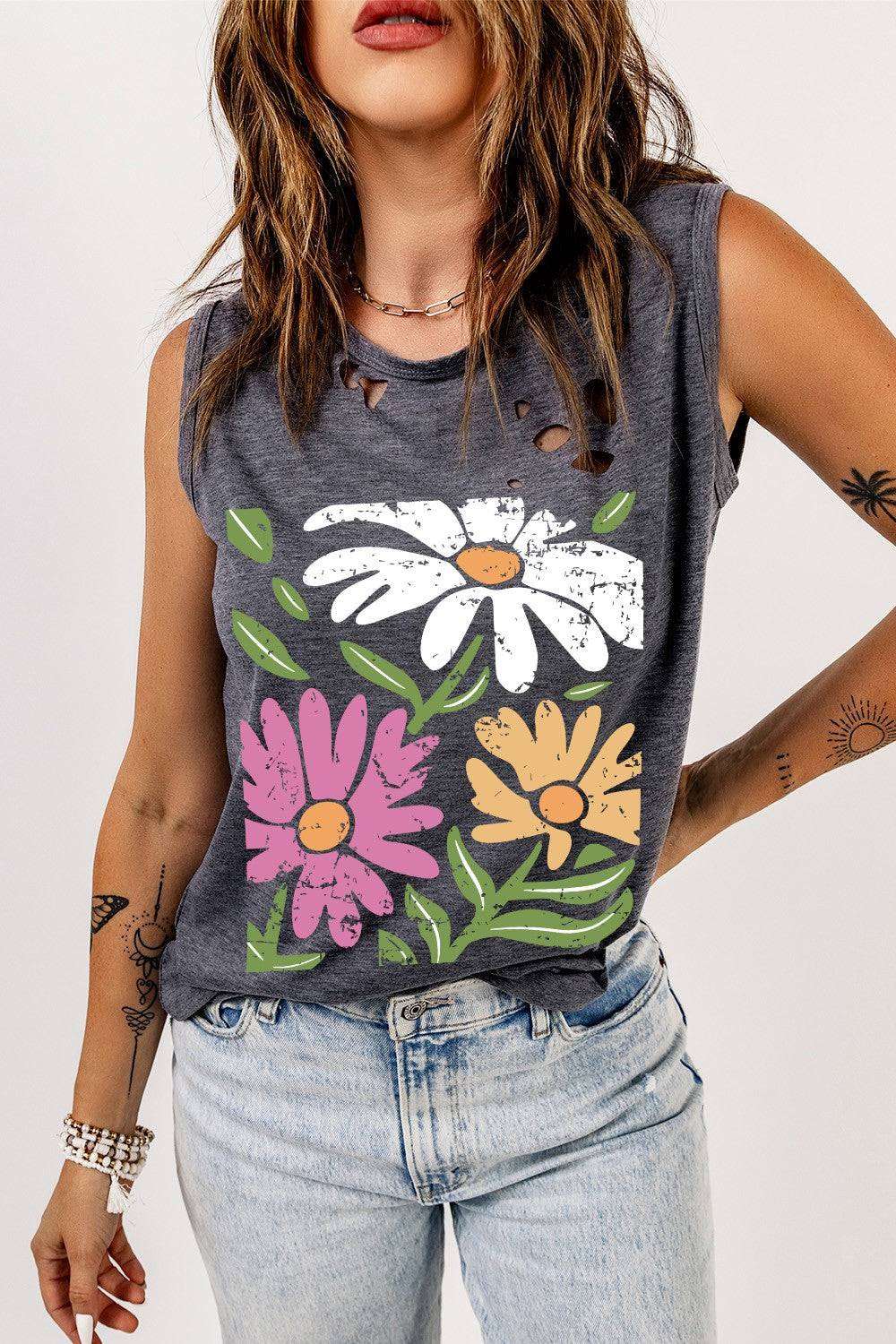 Distressed Graphic Round Neck Tank