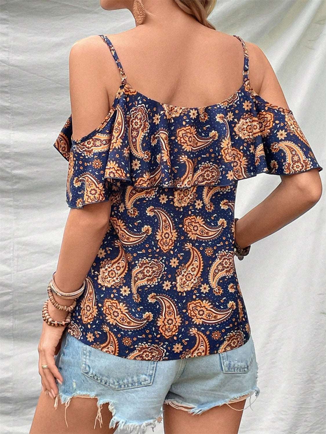 Ruffled Printed V-Neck Blouse