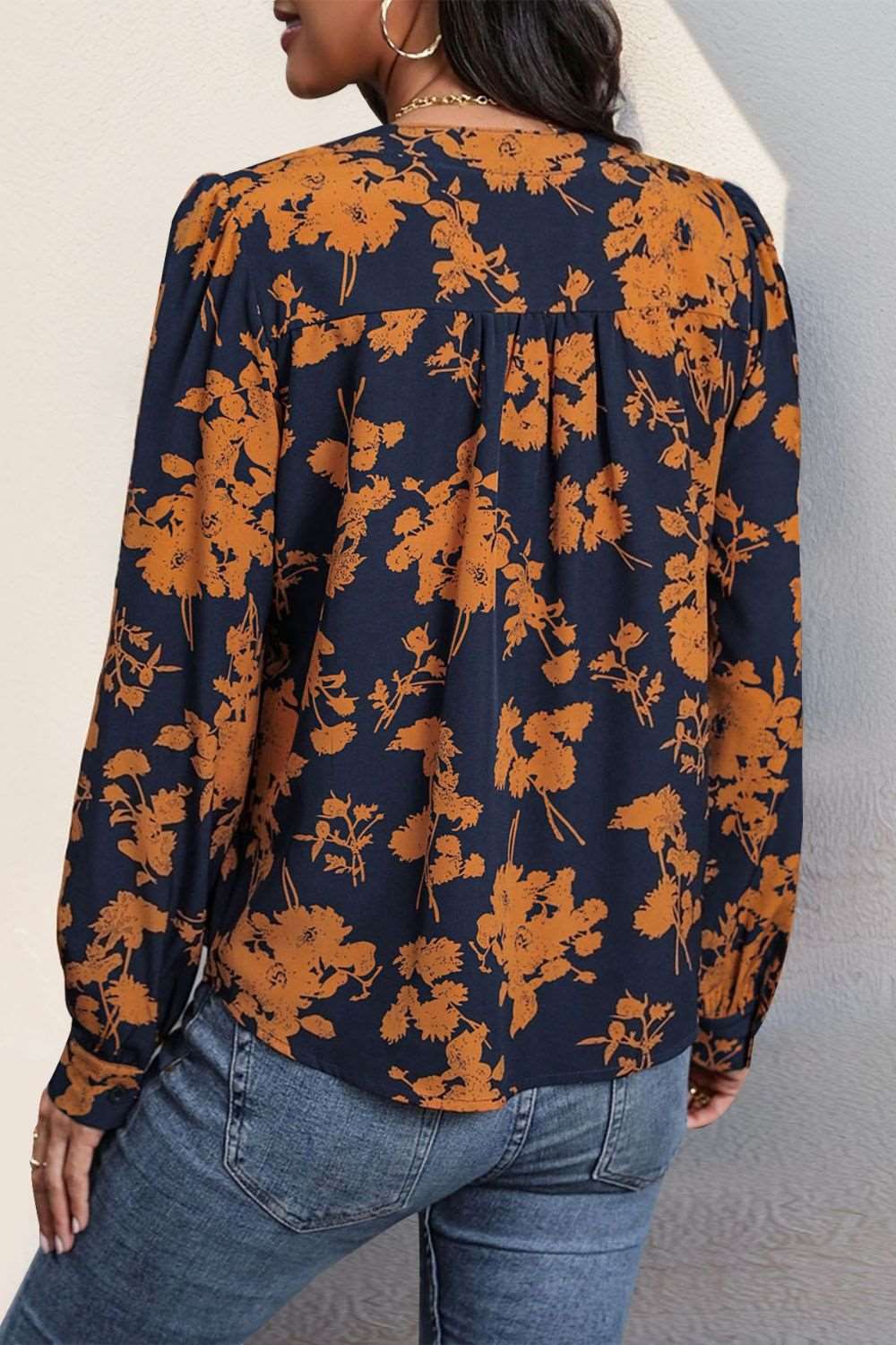 Printed Notched Long Sleeve Blouse