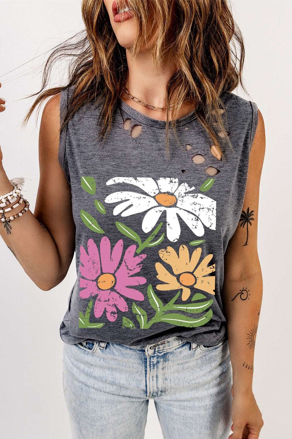 Distressed Graphic Round Neck Tank