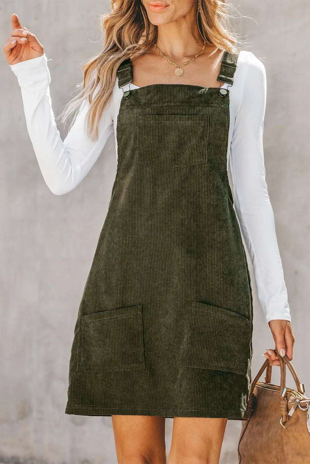 Pocketed Square Neck Wide Strap Overall Dress